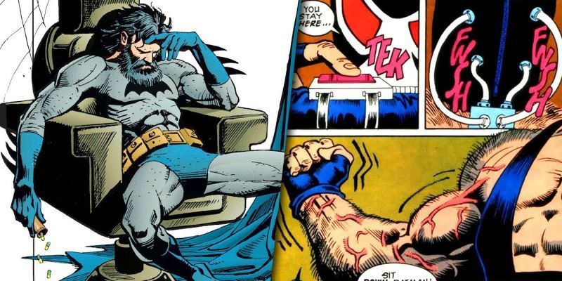Imagen dividida de Batman usando Venom con Bane usando Venom