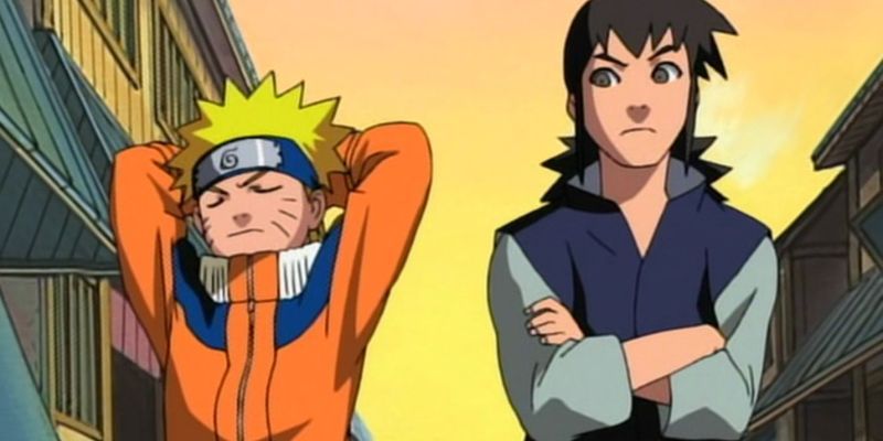 Naruto e Idate caminando juntos durante la misión de escolta Land Of Tea
