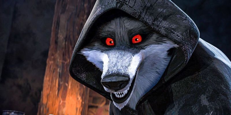 Der Wolf grinst in „Der gestiefelte Kater – Der letzte Wunsch“ bedrohlich
