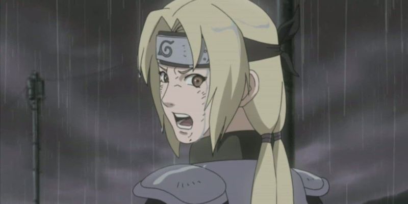 Tsunade bajo la lluvia en Naruto.