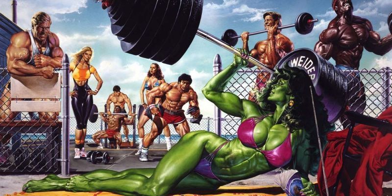 She-Hulk haciendo ejercicio en Muscle Beach por Joe Jusko