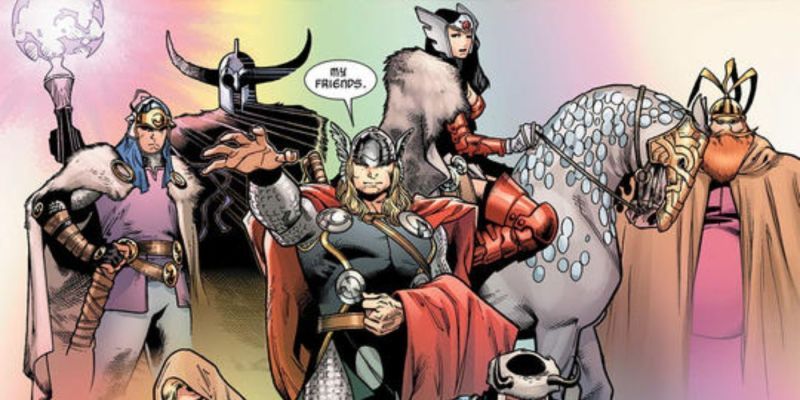 Asgardianos Thor, Sif, Heimdall, Volstagg y Balder en Marvel Comics