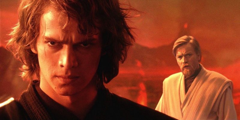 Anakin y Obi-Wan sobre Mustafar en La venganza de los Sith
