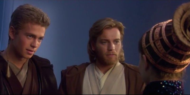 Anakin y Obi-Wan hablando con Padme en Attack of the Clones