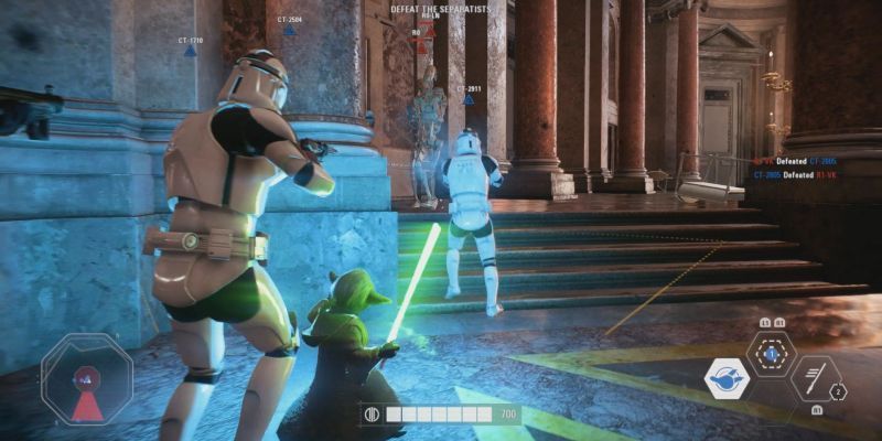 Yoda sosteniendo su sable de luz marcha también al lado de los Clone Troopers en Star Wars Battlefront II
