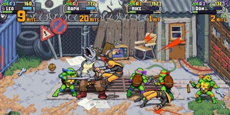 Teenage Mutant Ninja Turtles treten in Teenage Mutant Ninja Turtles Shredders Revenge gegen eine Gruppe von Feinden an