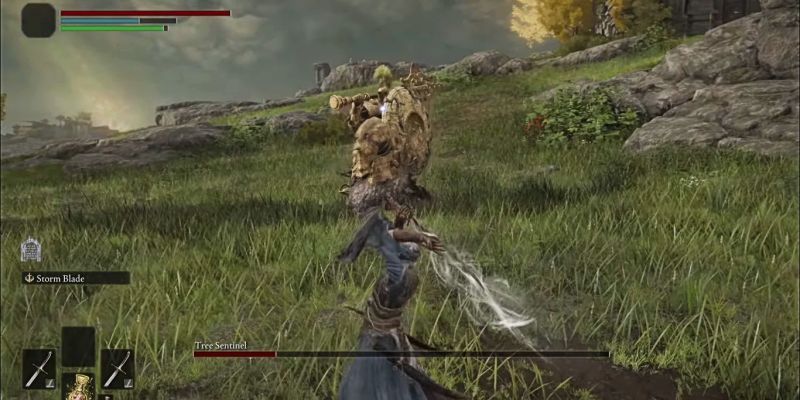 Captura de pantalla de un guerrero cargando su habilidad en una batalla contra Tree Sentinel, como se ve en Elden Ring.