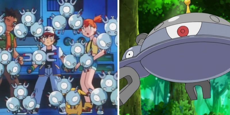 Ash Ketchum, Misty und Brock, umgeben von Magnemite und Magneton, während Magnezone im Pokémon-Anime zuschaut