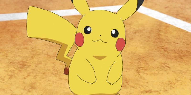 Pikachu sonriendo en una arena Pokémon en el anime