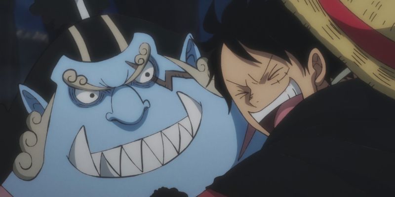Ruffy umarmt Jimbei in One Piece.