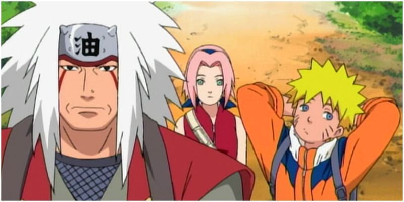 Jiraiya, Naruto y Sakura en el camino