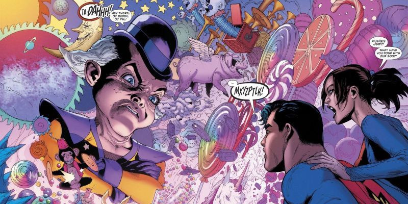 Der Superman-Bösewicht konfrontiert Superman in einer psychedelischen Landschaft