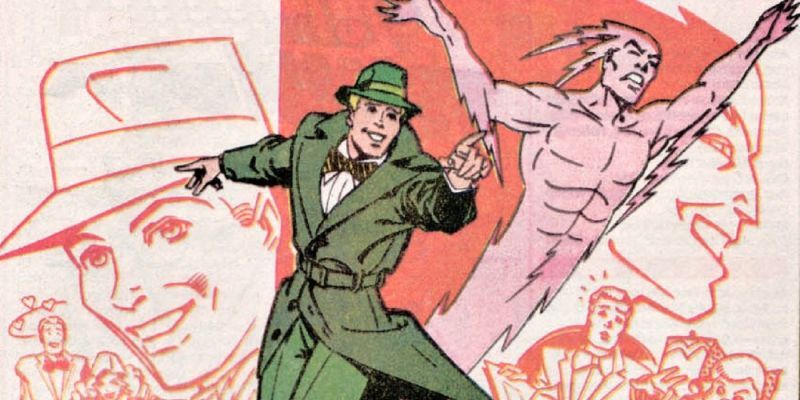 Johnny Thunder steht vor einem Hintergrund von DC Comics
