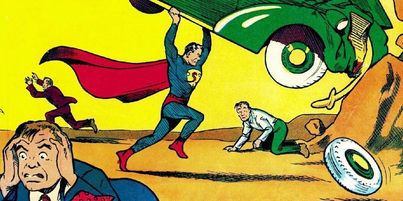 Superman asusta a los delincuentes lanzando un coche en Action Comics 1