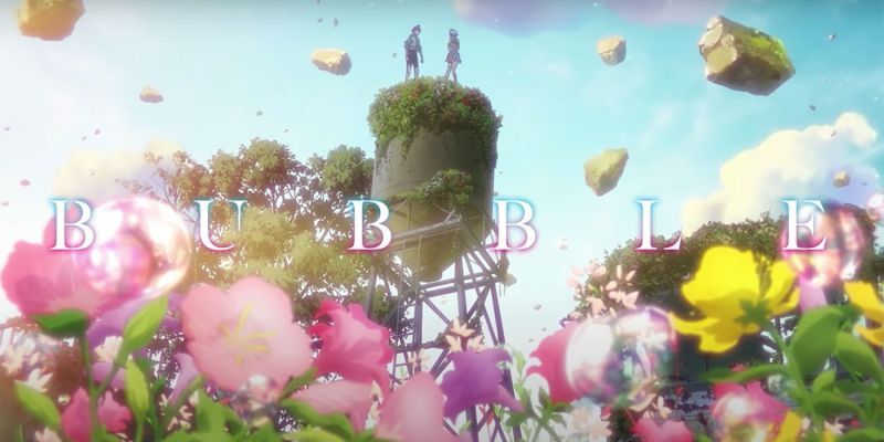 Screencap von Bubble mit dem Namen Bubble über einer Blumenlandschaft