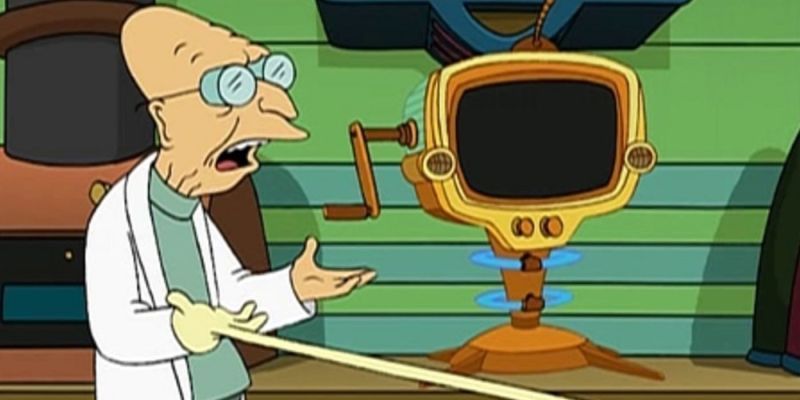 El profesor Farnsworth mostrando la máquina What-If en Futurama