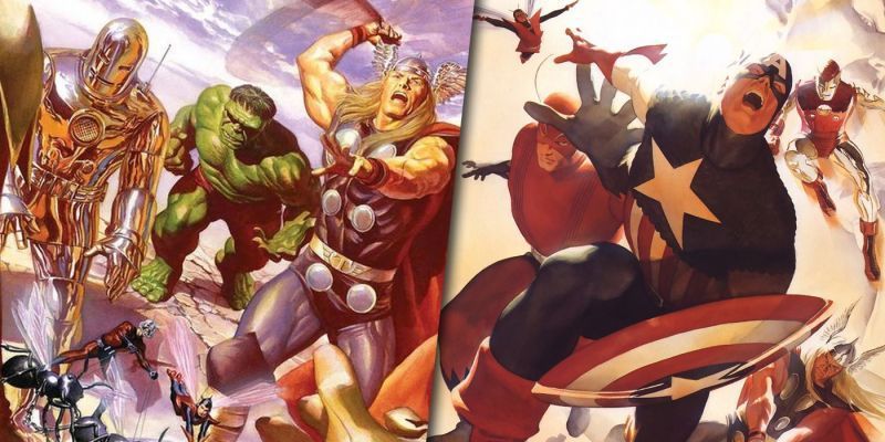 La lista original de los Vengadores con la imagen dividida del Capitán América