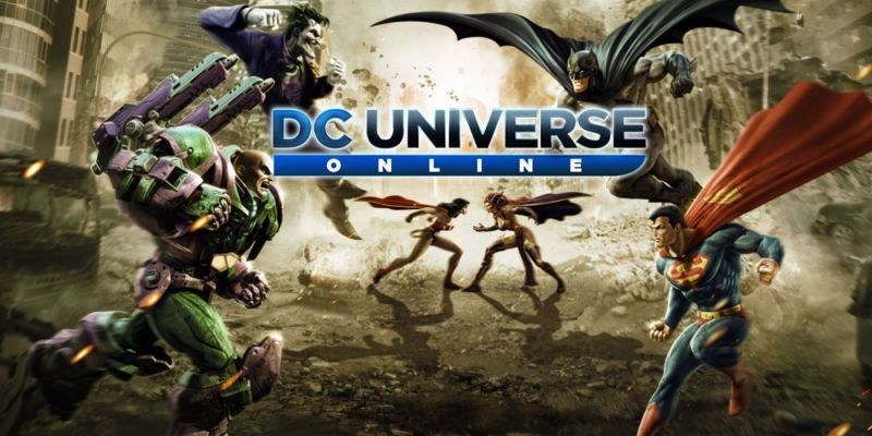 DC universe online una escena de batman, superman y la mujer maravilla luchando contra el bromista, lex luthor y circi