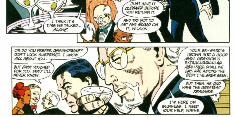 Slade Wilson y Bruce Wayne hablan en una fiesta elegante