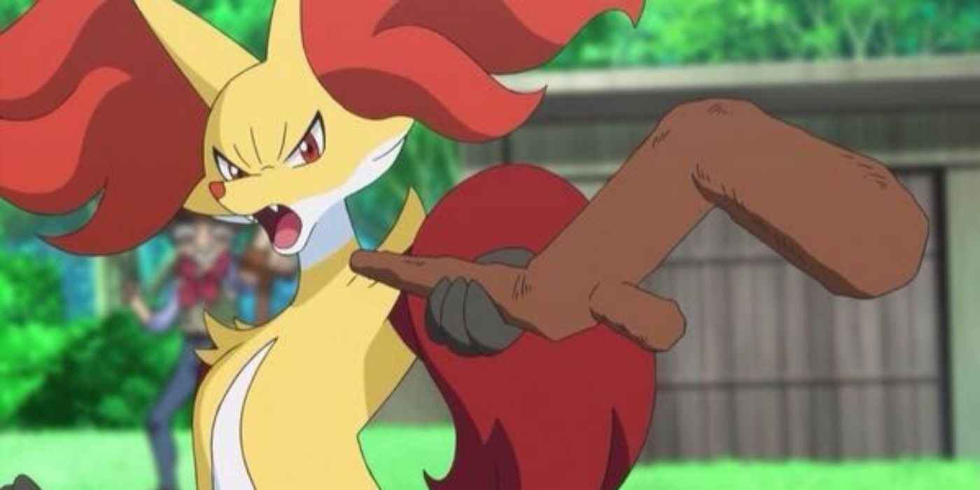 Pokemon Delphox zeigt mit Stock im Anime
