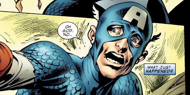 Steve Rogers in seinem Captain-America-Kostüm greift um Hilfe, als seine Muskeln zu verschwinden scheinen.
