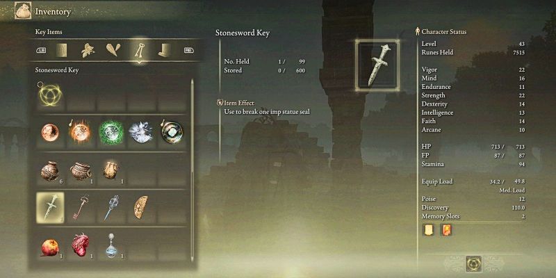 Captura de pantalla del elemento Stonesword Key en el inventario, como se ve en Elden Ring.