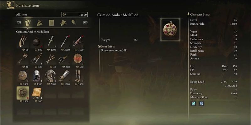 Screenshot des zum Verkauf stehenden Crimson Amber Medaillons, wie es in Elden Ring zu sehen ist.