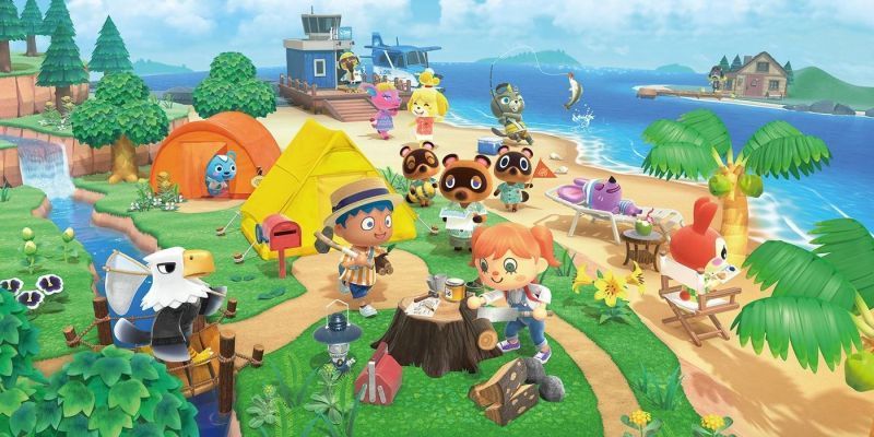 Die Hauptfigur, umgeben von Dorfbewohnern auf dem Cover von Animal Crossing New Horizons