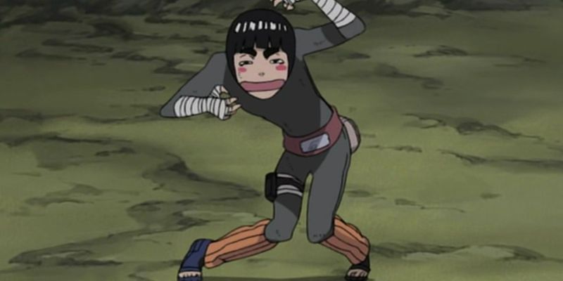 Drunken Rock Lee preparándose para enfrentarse a Raiga en el episodio 157 de Naruto