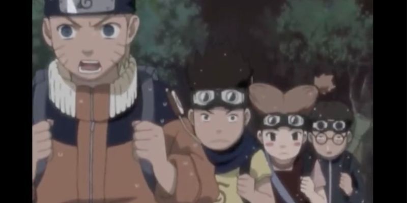 Naruto y su escuadrón bajo la lluvia en el episodio 158 de Naruto