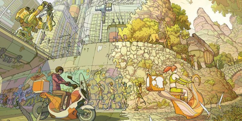 Menschen auf futuristischen Rollern fahren vor einer mit Graffiti besprühten Wand, Robotern, Dinosauriern und Bäumen