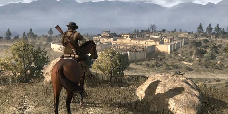 John Marston auf einem Pferd mit Blick auf eine Festung in Red Dead Redemption.