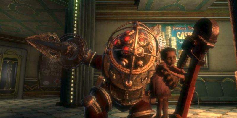 Big Daddy beschützt seine kleine Schwester vor dem Spieler in Bioshock.