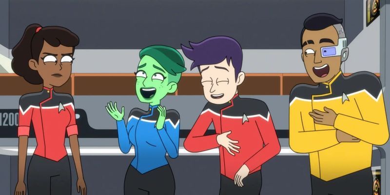 Los personajes principales de Star Trek: Lower Decks riéndose juntos.