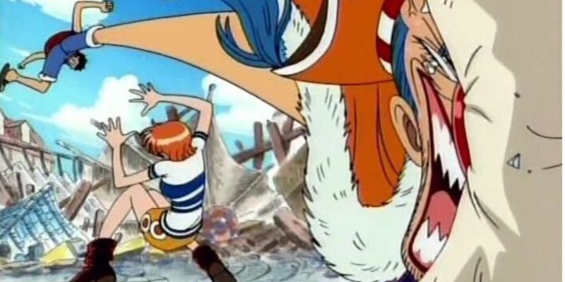 Nami, Luffy y Buggy durante el arco de Orange Town en One Piece.