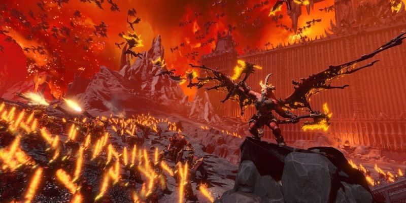 Skarbrand liderando los ejércitos de Khorne en Total War Warhammer III