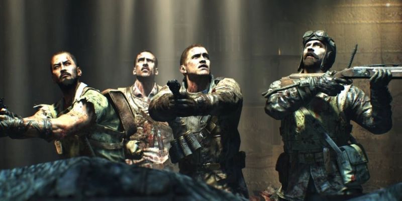 Takeo Masaki, Edward Richtofen, Tank Dempsey y Nikolai Bellinsky luchando contra zombis en la escena de introducción de Call of Duty Zombies