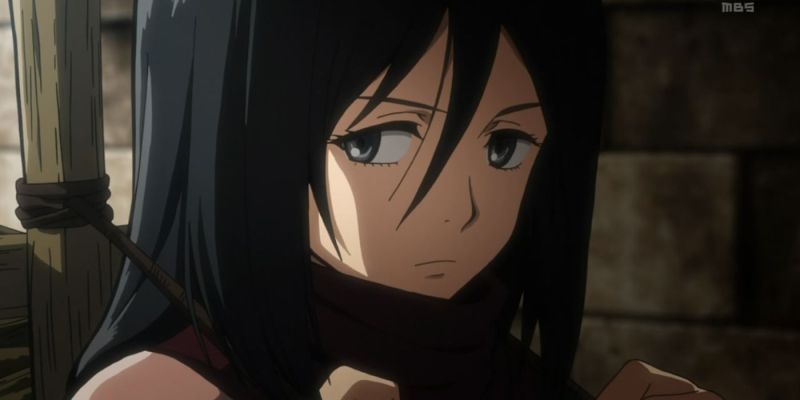 Die junge Mikasa schaut mit mildem Misstrauen zu