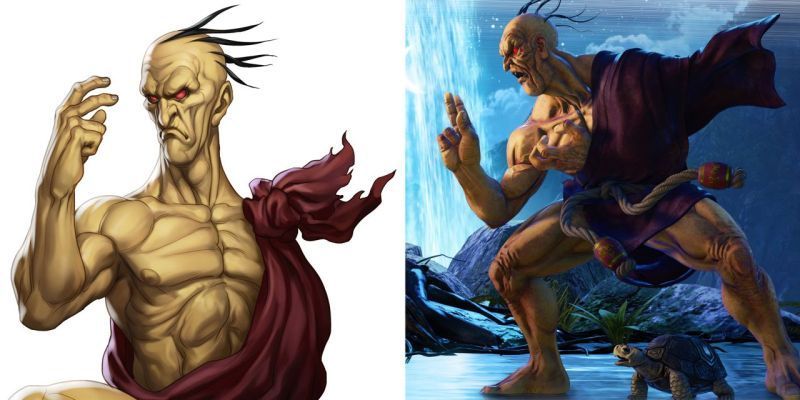 Oro in Street Fighter III und mit seiner Schildkröte in Street Fighter V