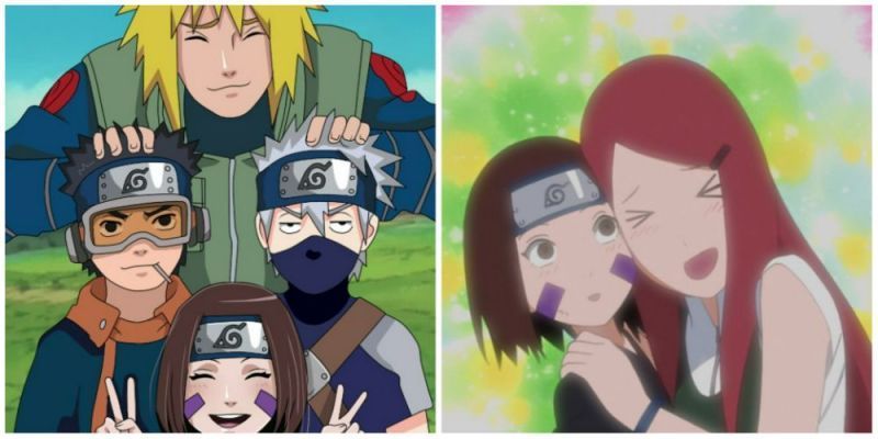 Imagen dividida: Rin con el Equipo Minato, Kushina abrazando a Rin - Naruto Shippuden