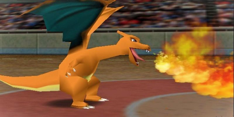 Glurak speit Feuer im Pokémon-Stadion im Spiel