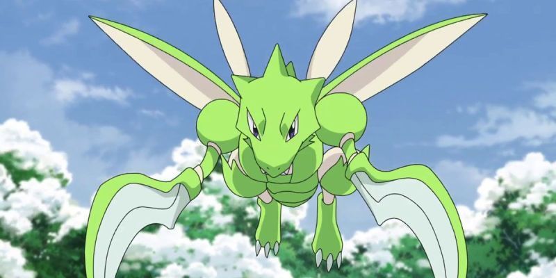 In Pokémon-Anime fliegt eine Scyther über schneebedeckte Bäume